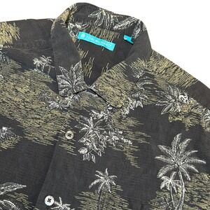 Tori Richard Mens L Silk Cotton Tropical Palm Tree Island Button Up Shirt Black